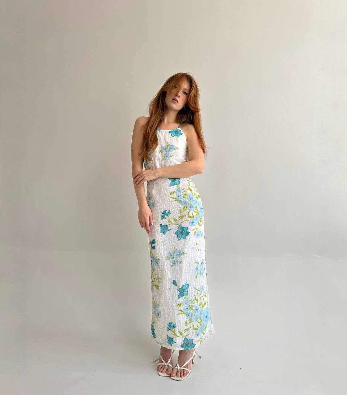 Vintage maxi dress with flowers pattern and beaded swirl