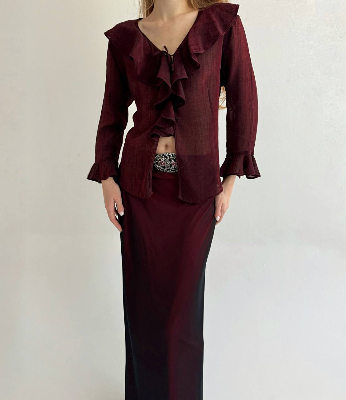 Vintage burgundy blouse with ruffles
