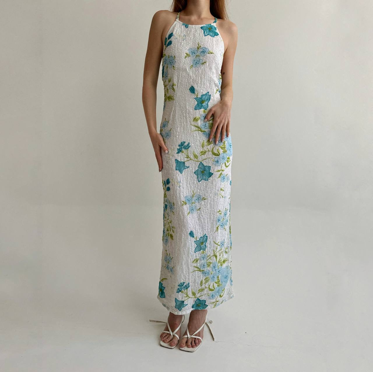 Vintage maxi dress with flowers pattern and beaded swirl