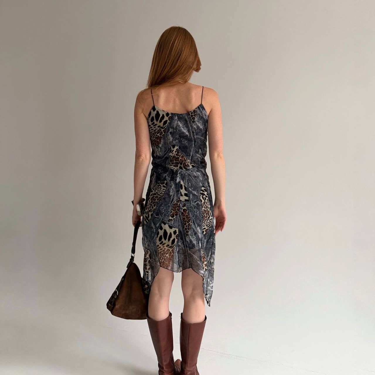 Vintage leopard and denim print midi dress