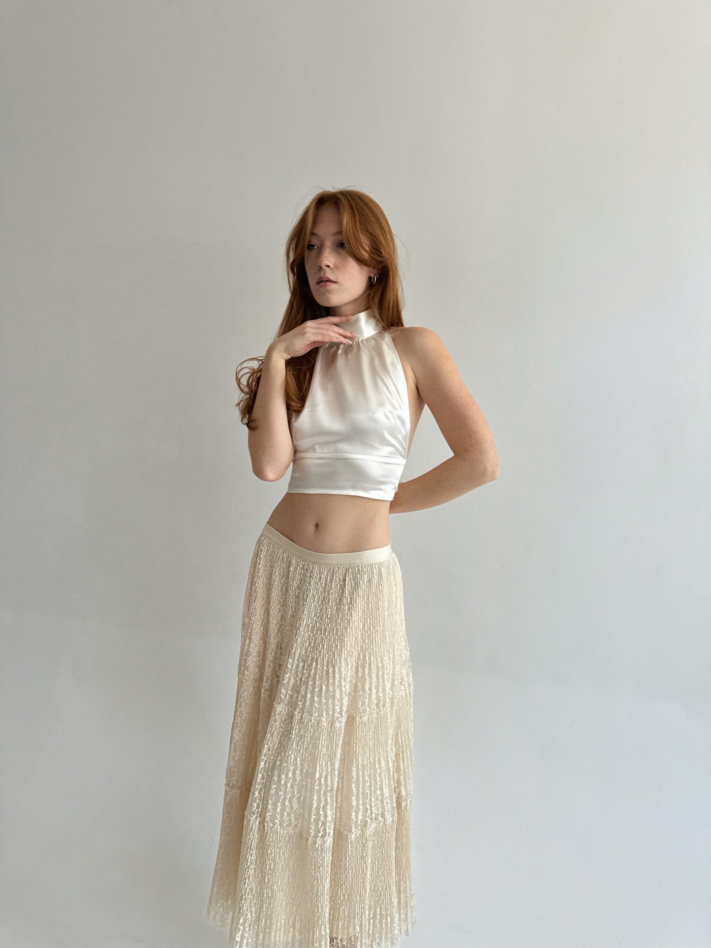 Vintage lace ruched maxi skirt