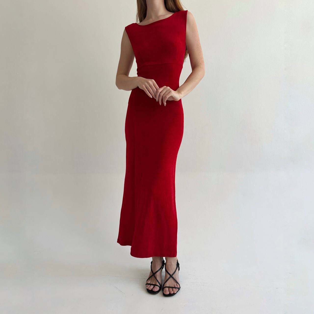 Vintage red fitted long dress with open back