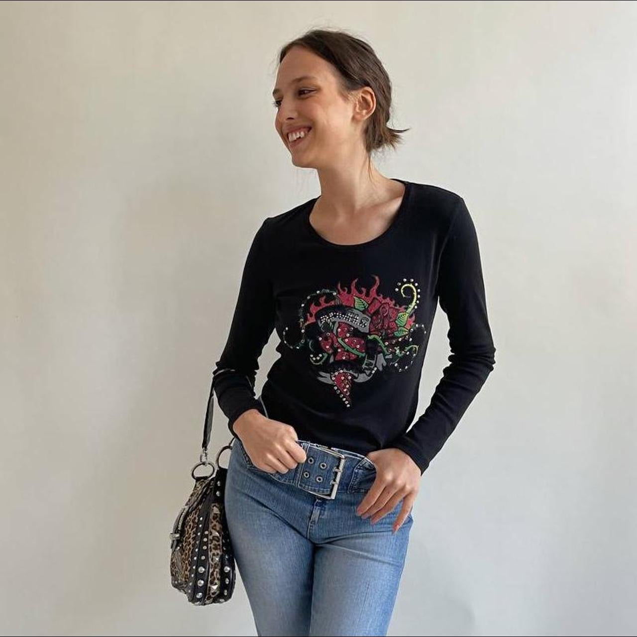 Vintage graphic long sleeve blouse in black