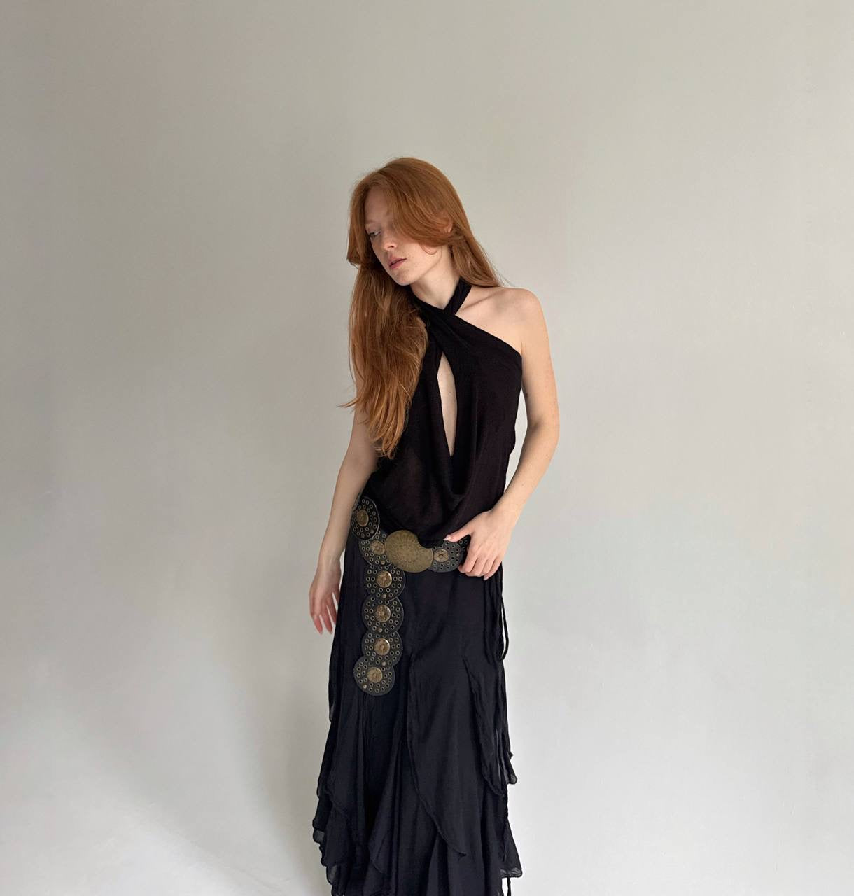 Vintage cotton black ruffled maxi skirt