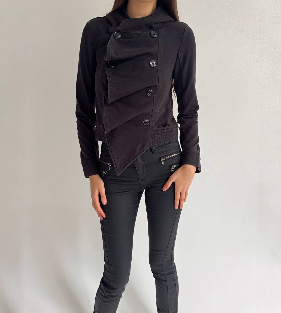 Avant garde cotton black asymmetrical blouse with a hood