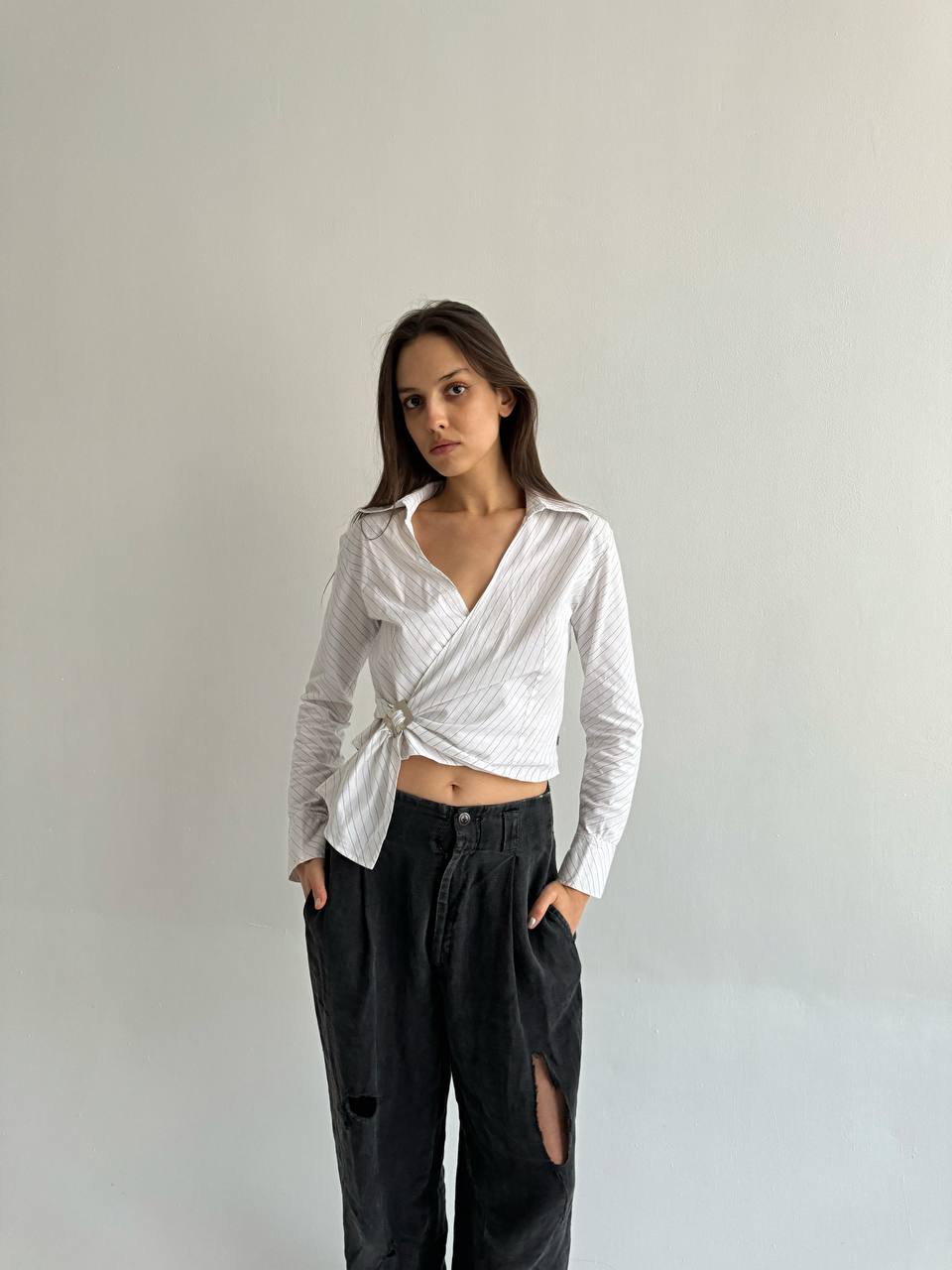 Vintage cotton asymmetrical buckle blouse