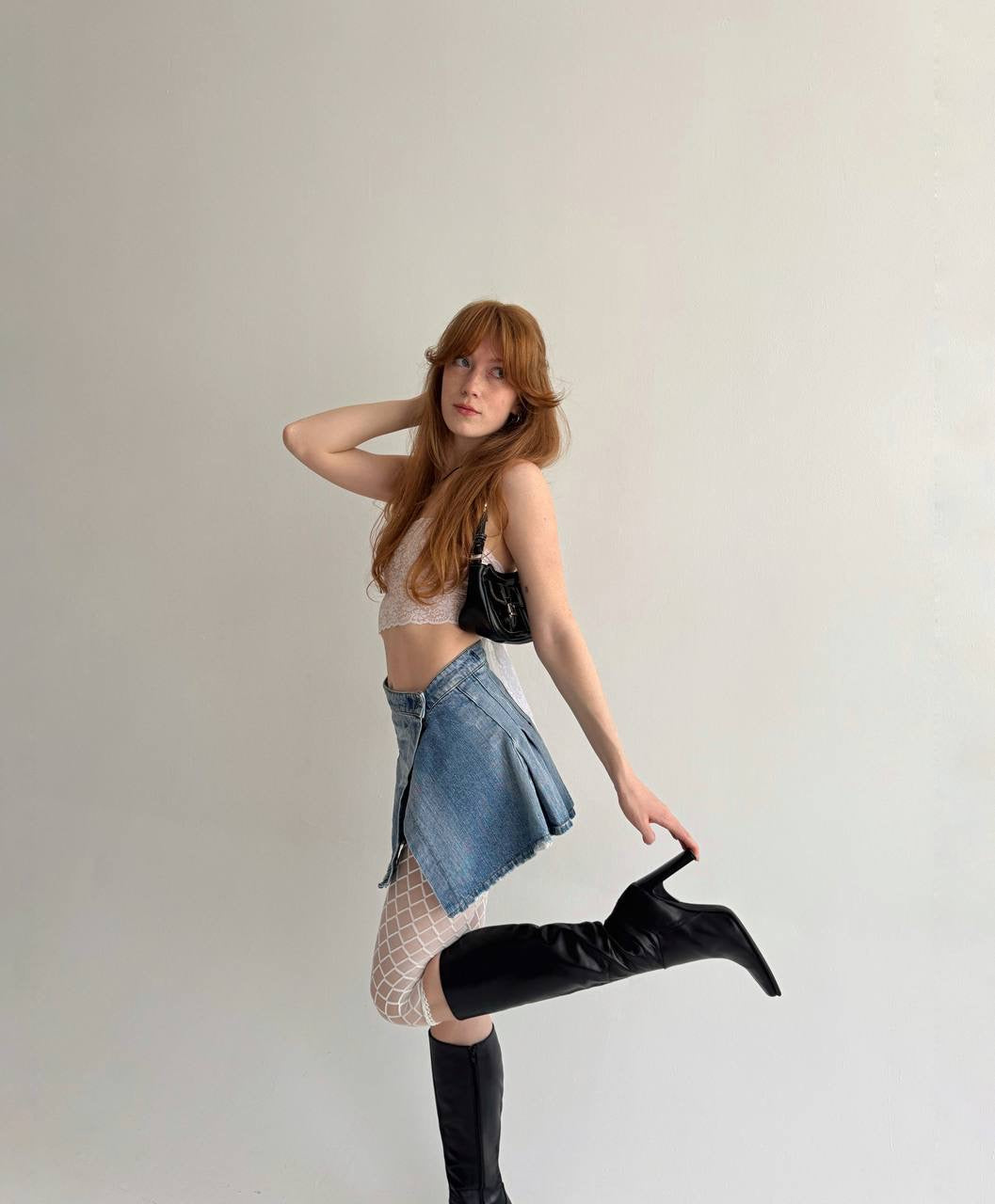 Vintage light blue denim asymmetrical pleated skirt