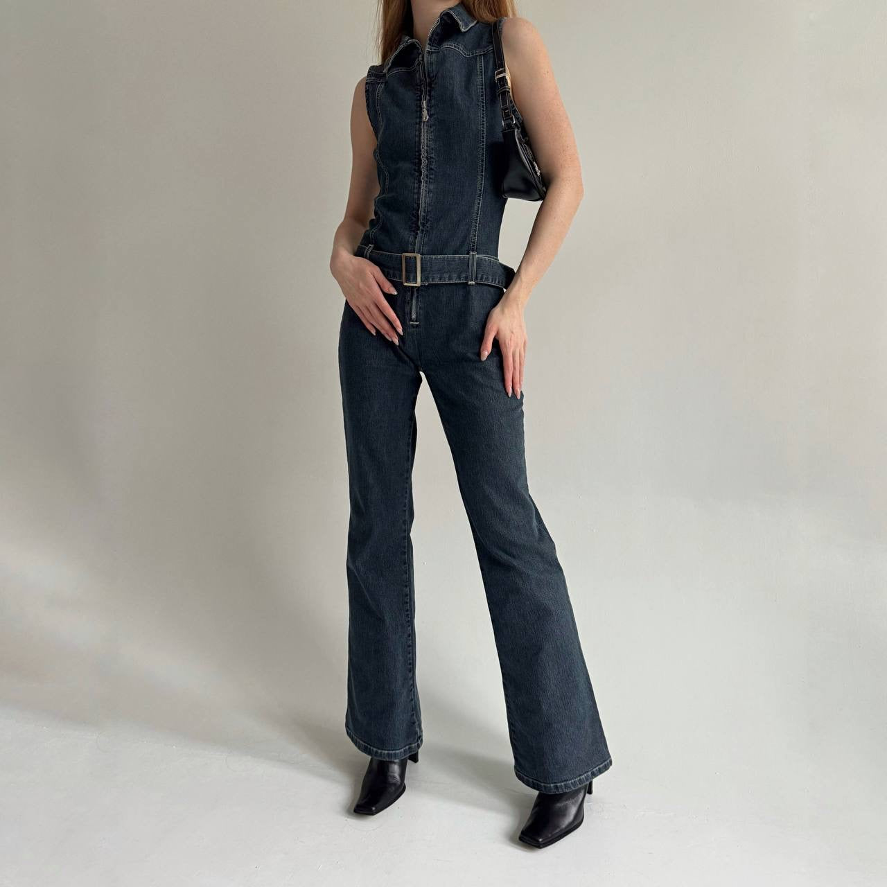 Vintage denim jumpsuit with a belt and front zip