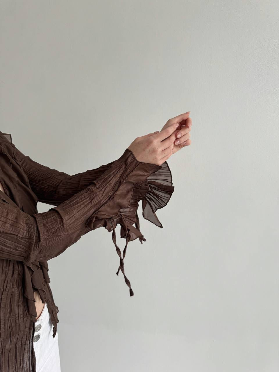 Vintage brown pleated blouse with ruffles