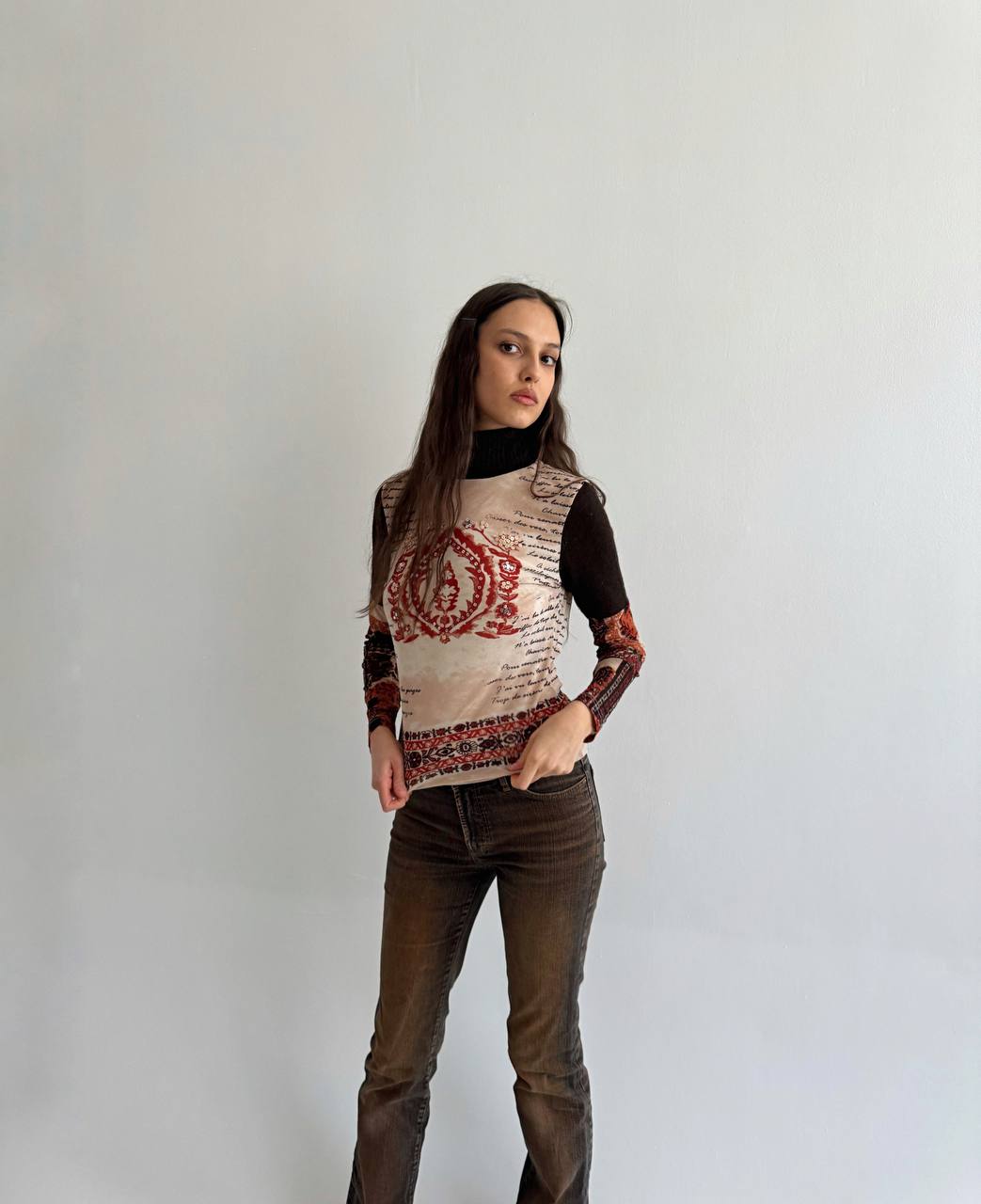Vintage mesh printed blouse with knitted turtleneck