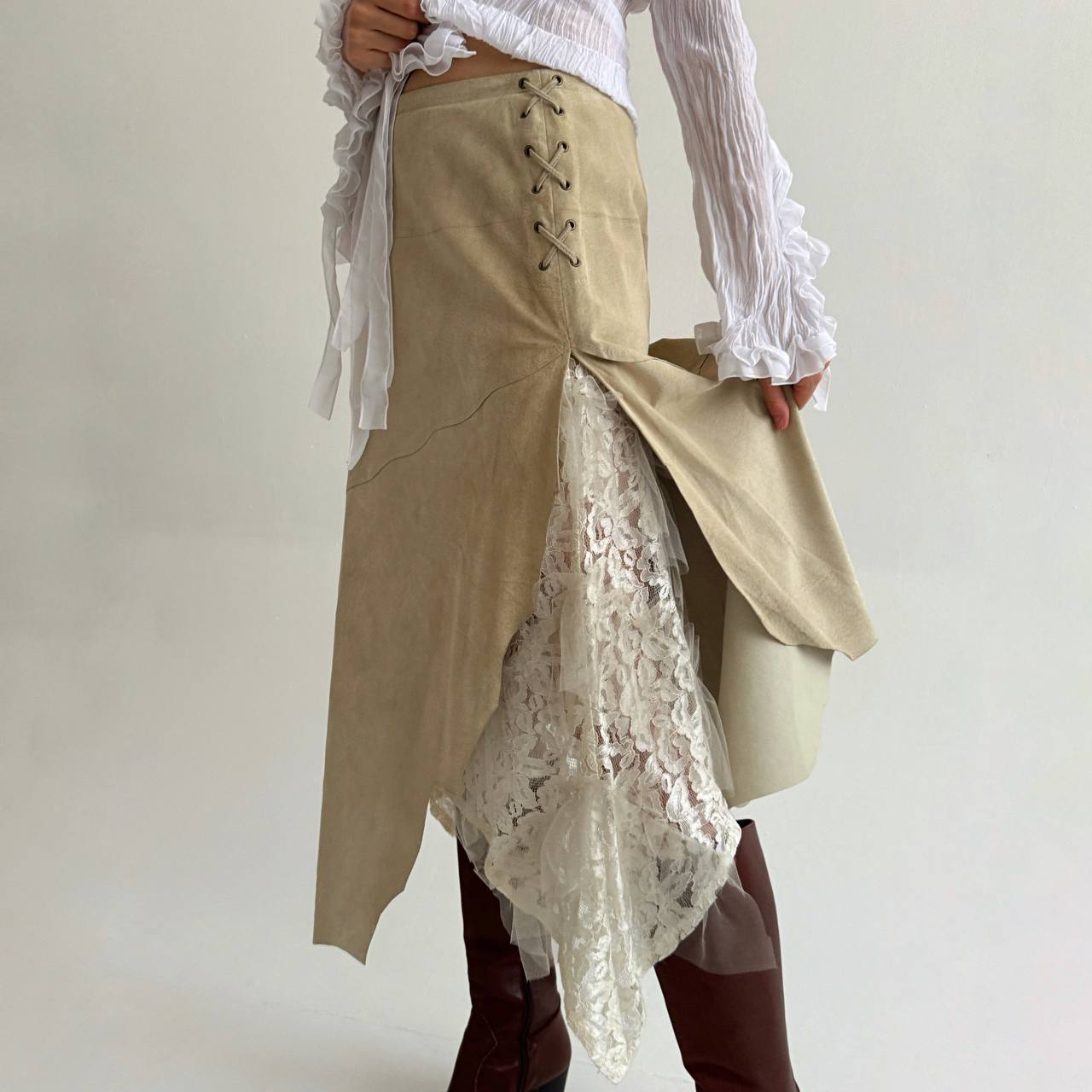 Vintage genuine leather asymmetrical skirt with lace