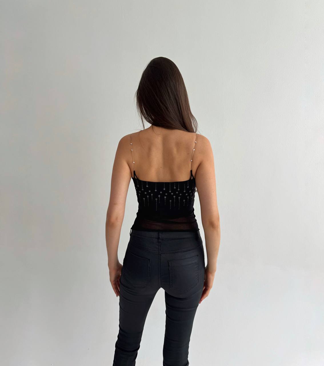 Vintage mesh black beaded straps top