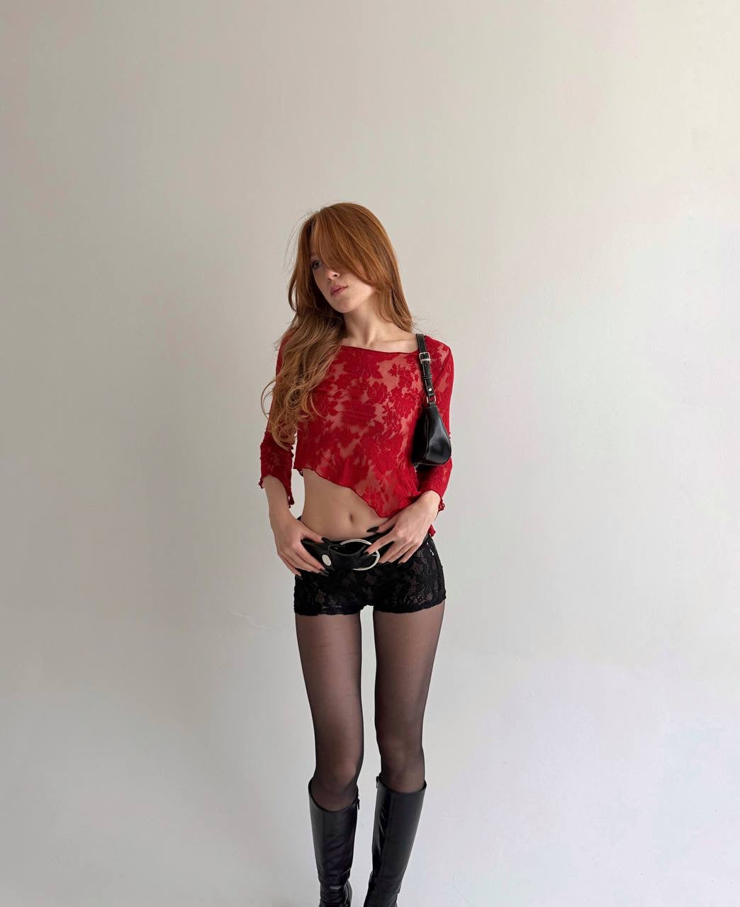 Vintage red mesh asymmetrical blouse