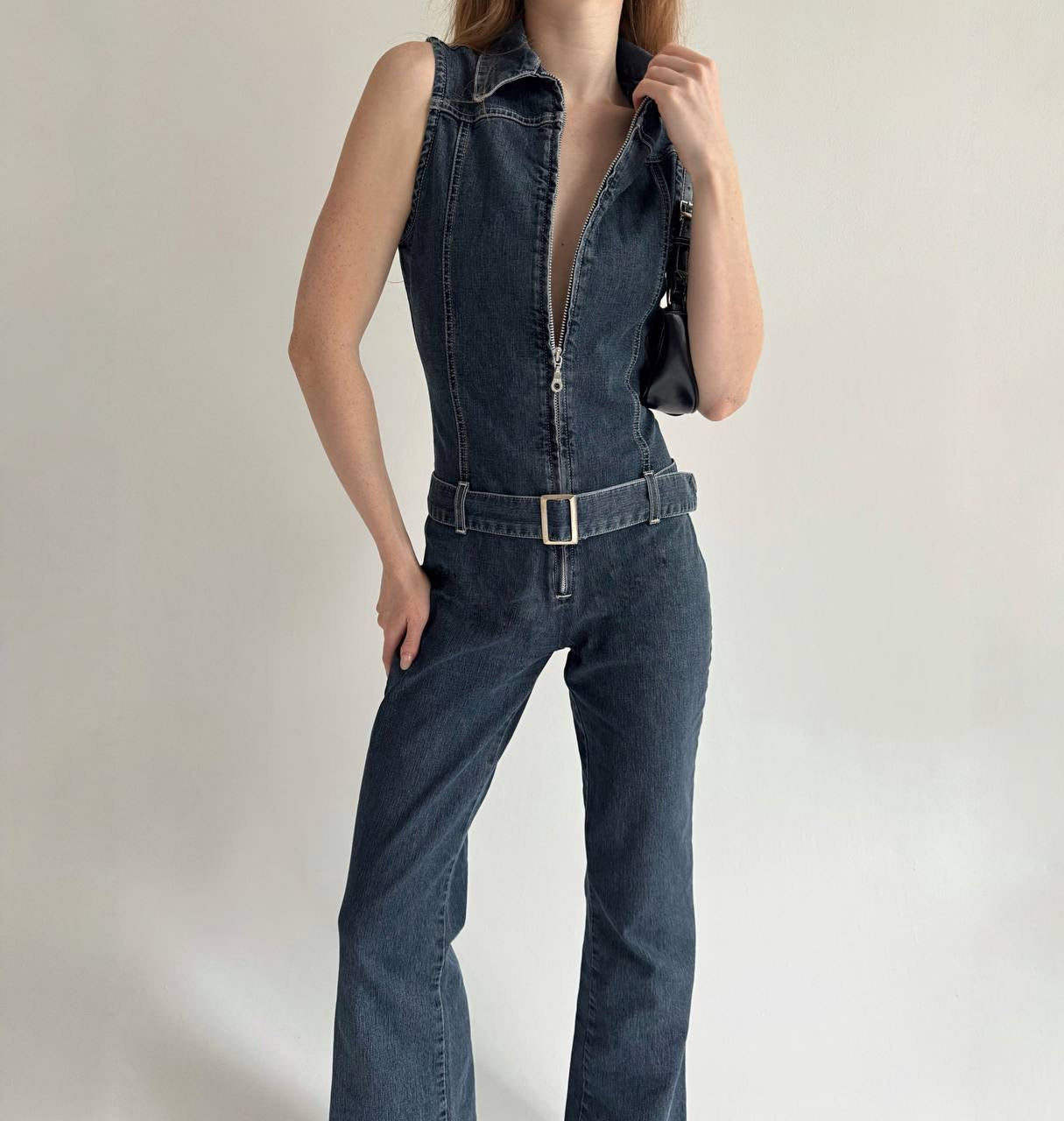 Vintage denim jumpsuit with a belt and front zip