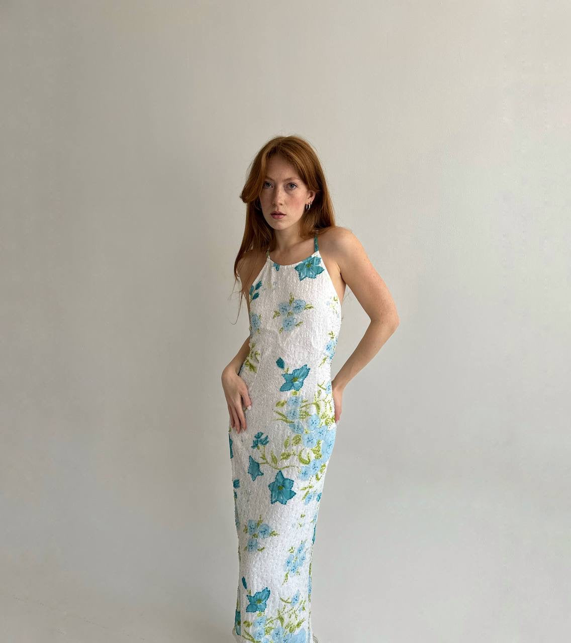 Vintage maxi dress with flowers pattern and beaded swirl
