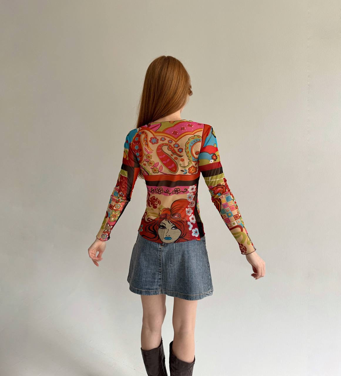 Vintage mesh printed orange blouse