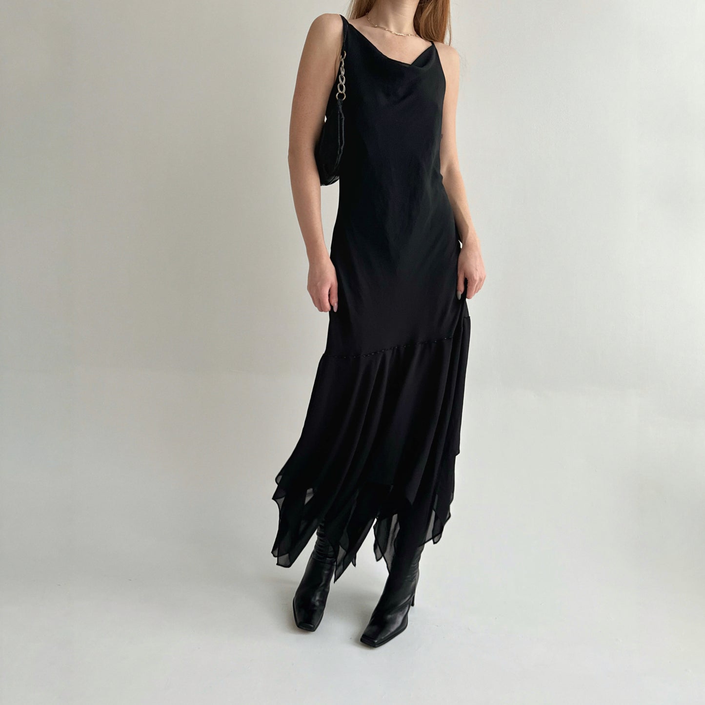 Vintage black maxi dress with asymmetrical bottom