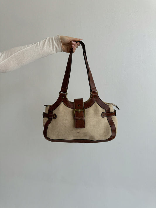 Vintage beige canvas bag with genuine leather brown handles