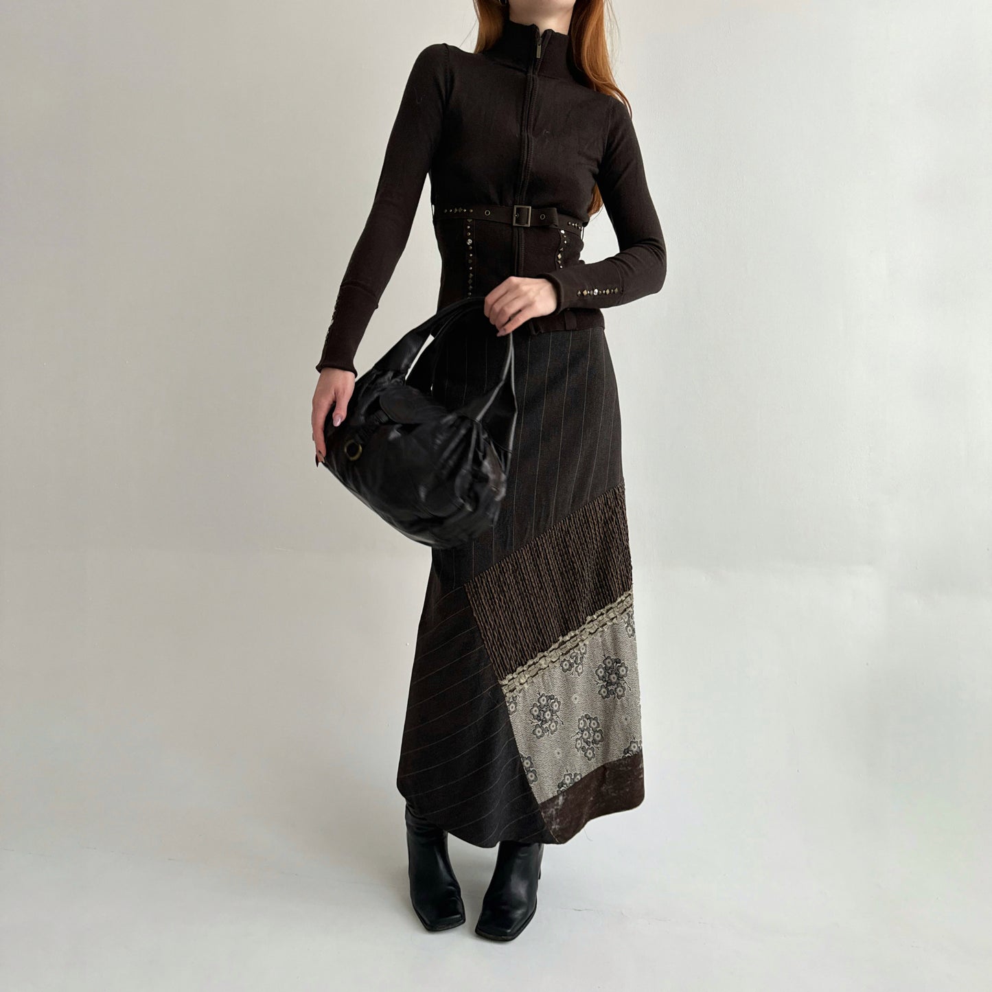 Vintage 64% viscose 25% wool brown striped maxi skirt