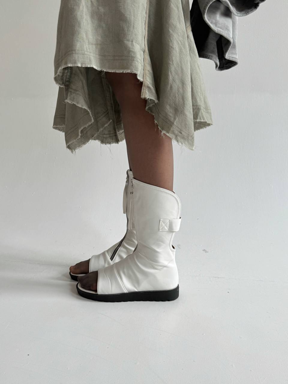Vintage avant garde asymmetrical zipper open toe boots