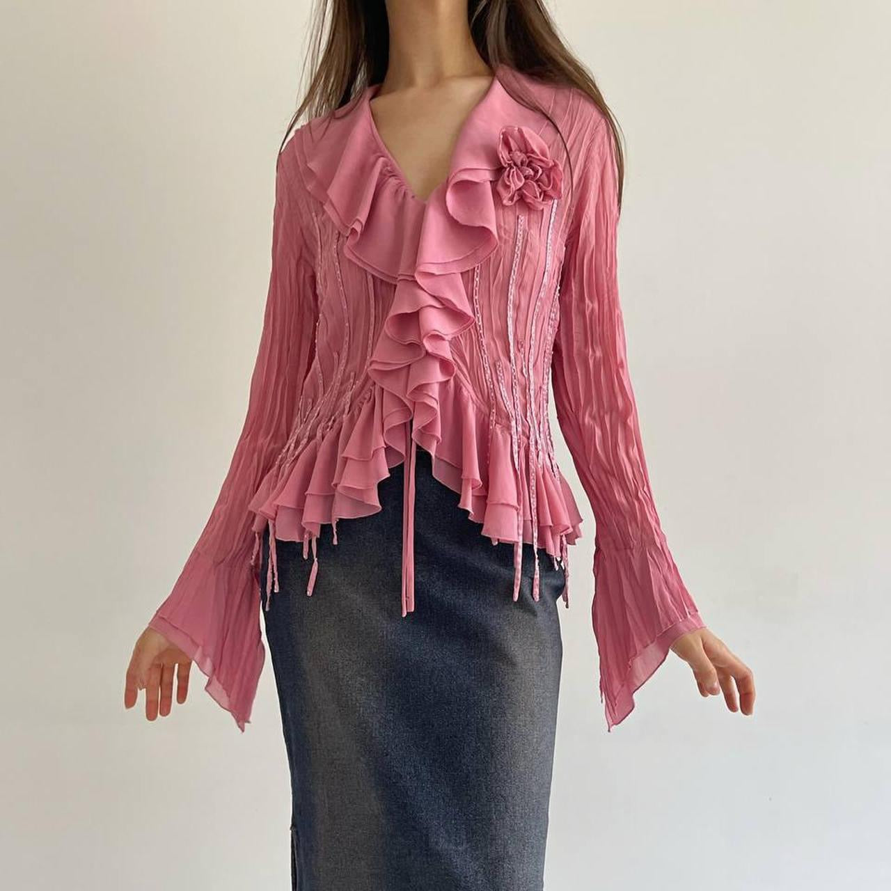Vintage pink pleated blouse with ruffles and flower appliqué