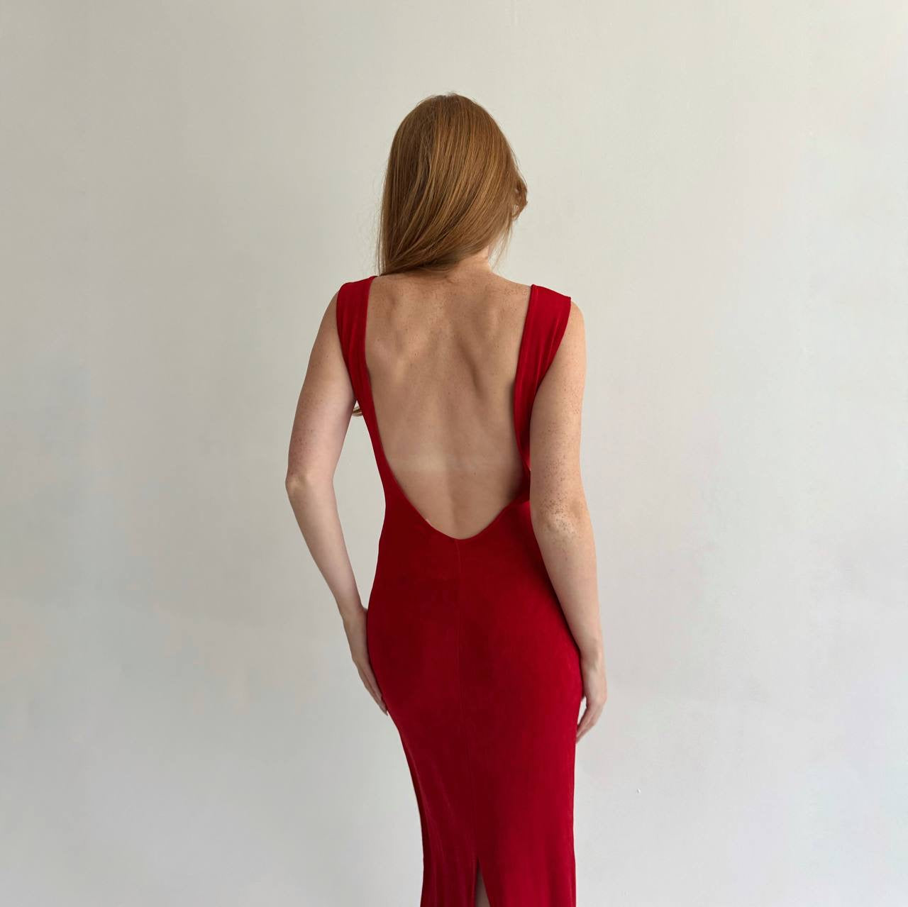 Vintage red fitted long dress with open back