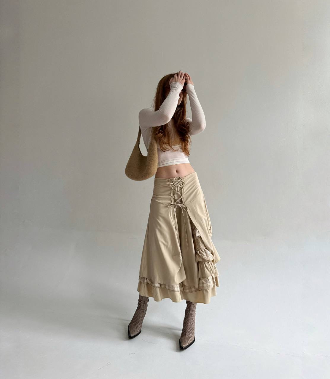 Vintage beige draped skirt with lace and checker pattern details