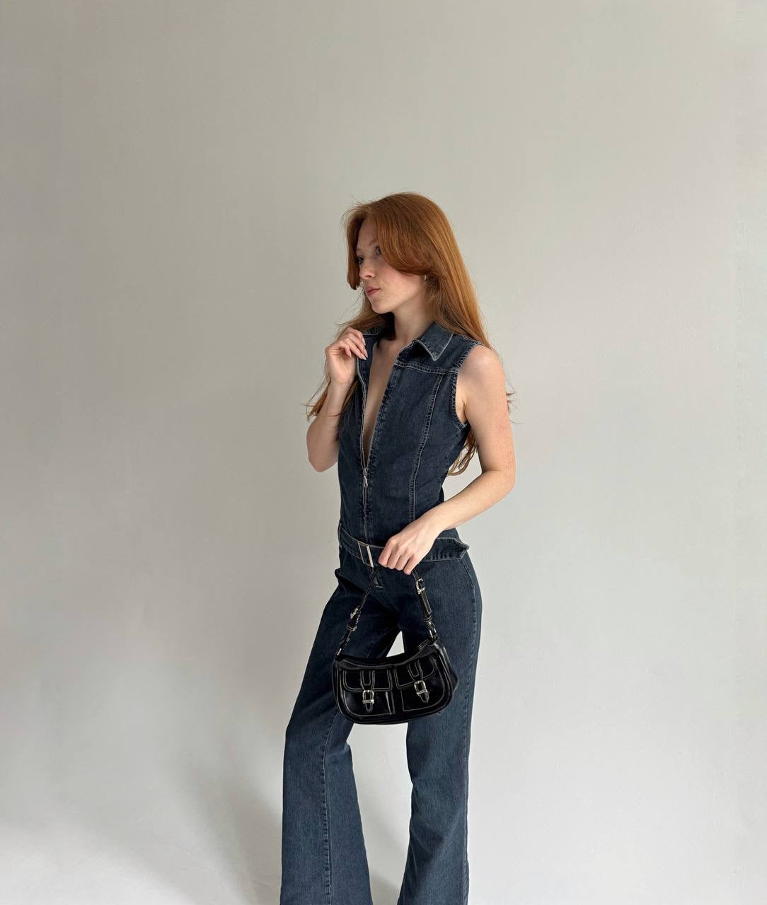 Vintage denim jumpsuit with a belt and front zip