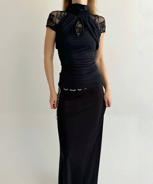 Vintage black fitted blouse with lace
