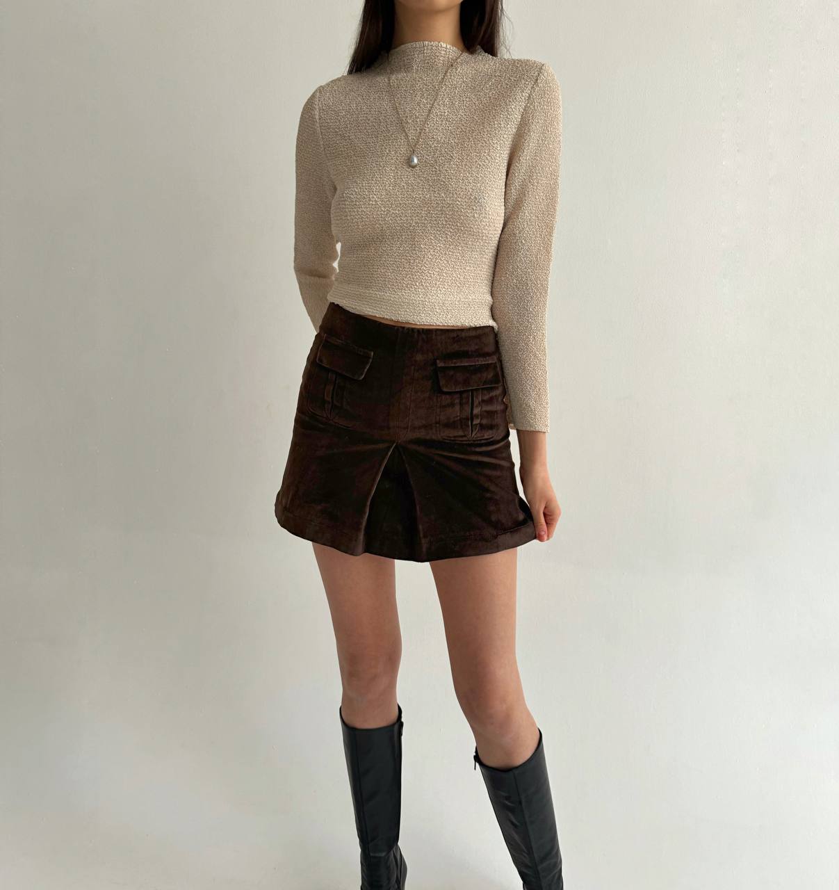 Y2K cotton brown velvet mini skirt