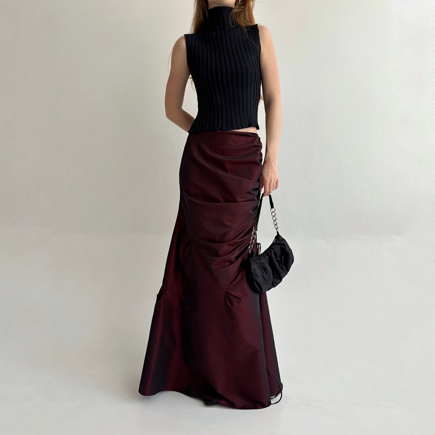 Vintage gothic burgundy maxi skirt with side gathering