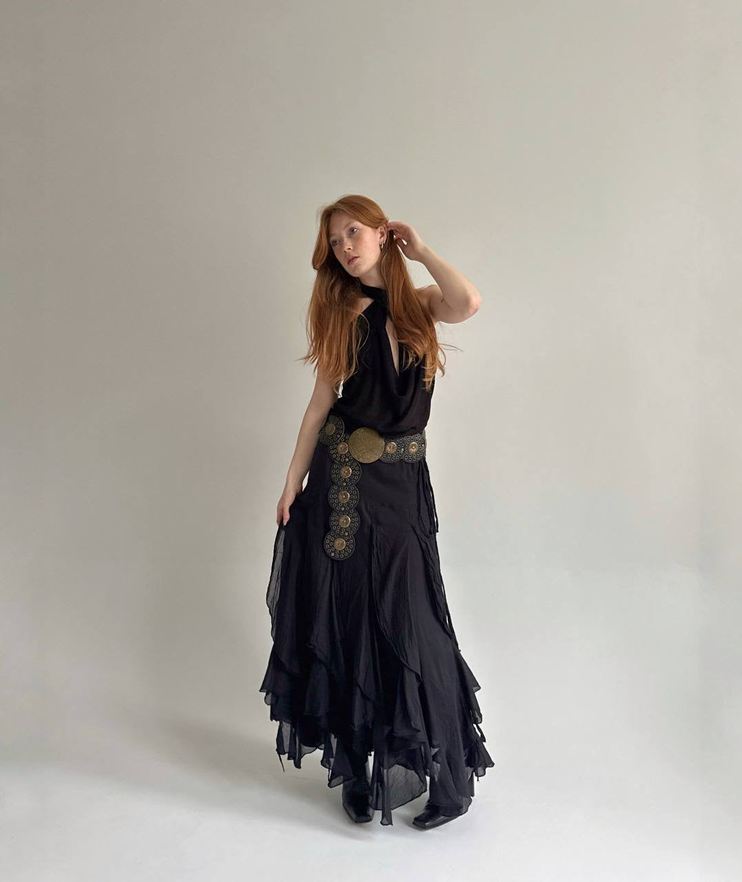 Vintage cotton black ruffled maxi skirt