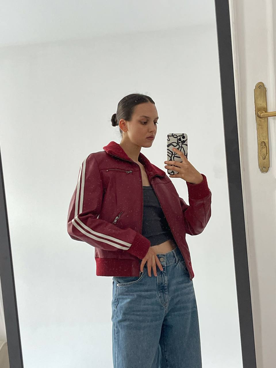 Vintage genuine leather red jacket with white stripes