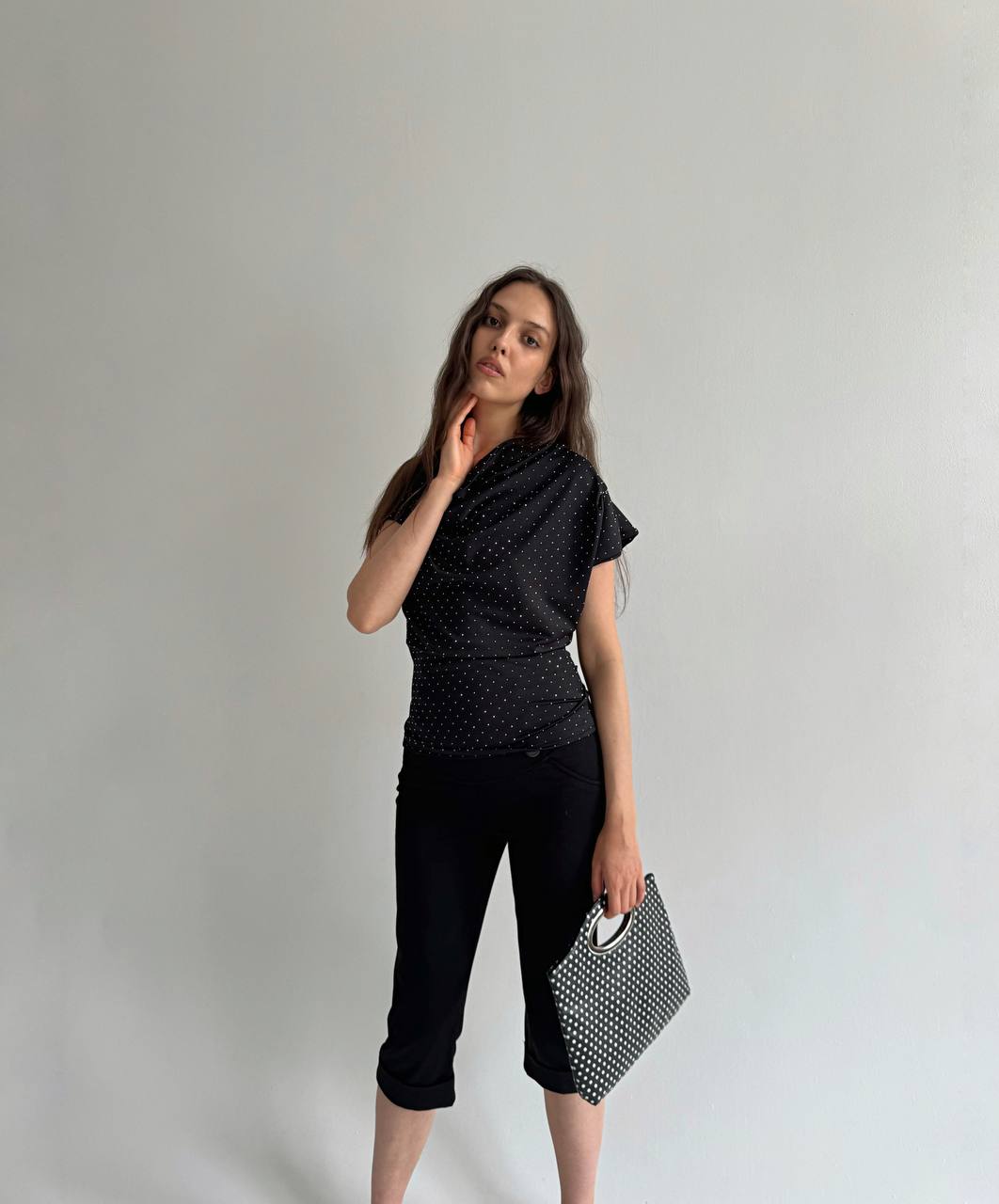 Vintage black draped blouse with rhinestones