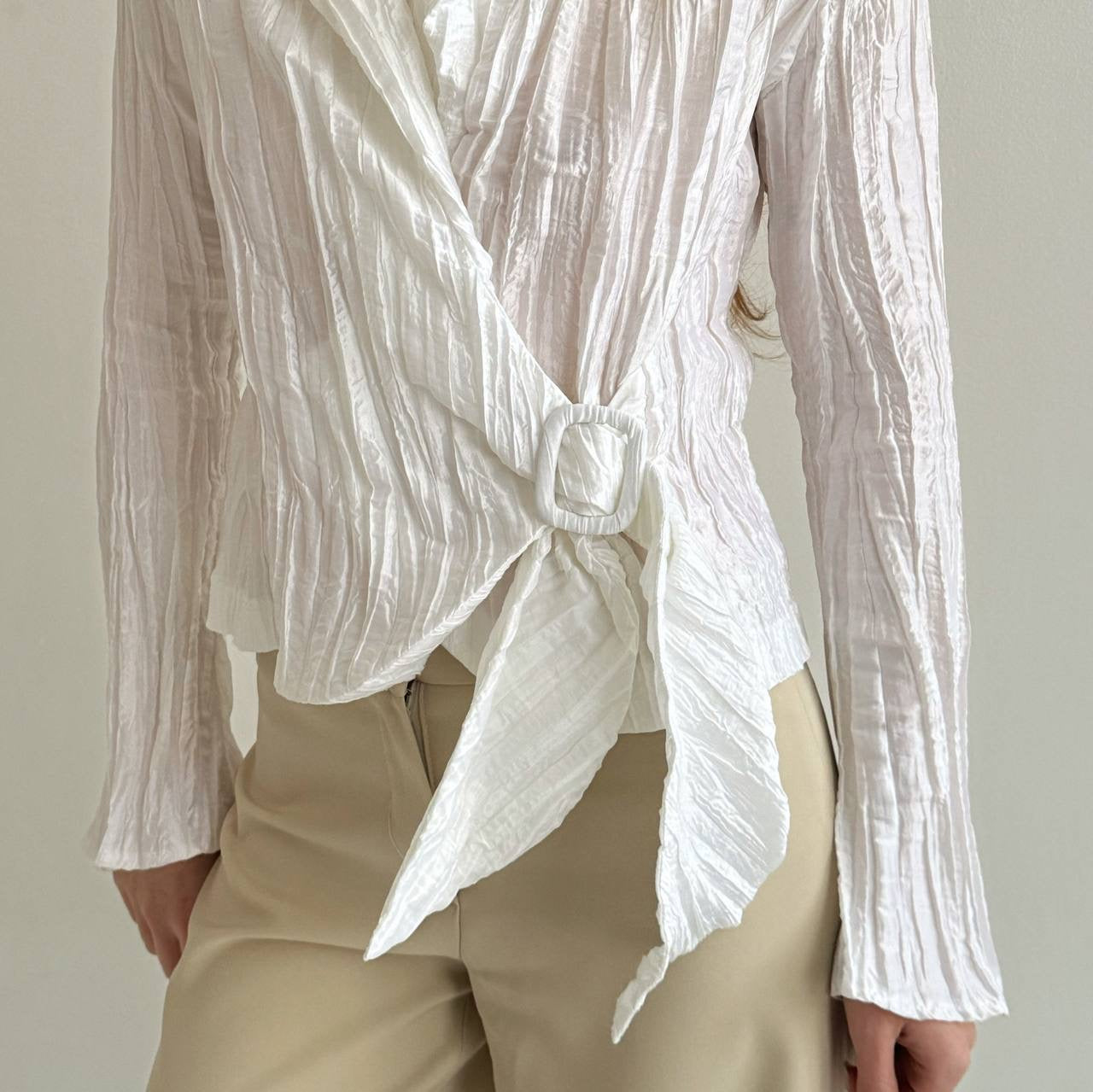 Vintage white wrap blouse with side buckle