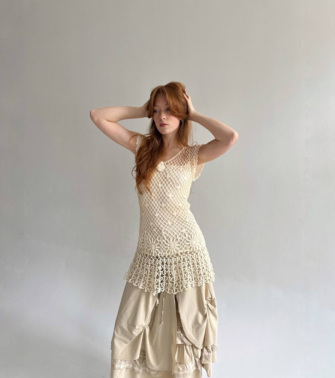 Vintage beige crochet long blouse