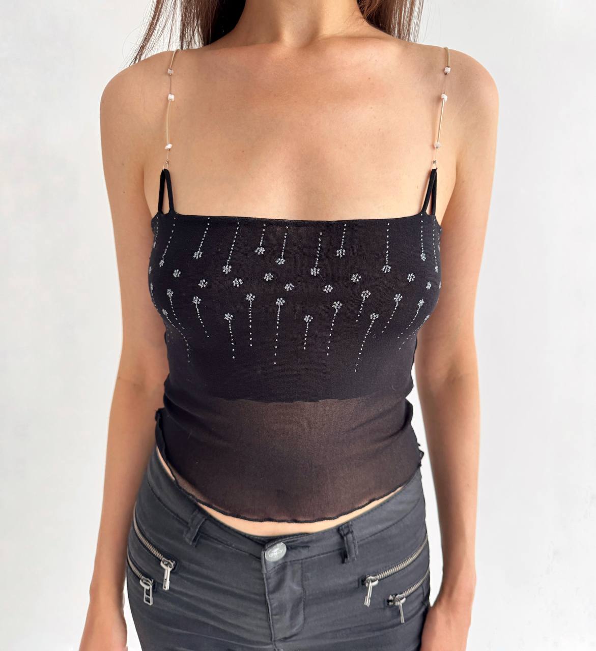 Vintage mesh black beaded straps top