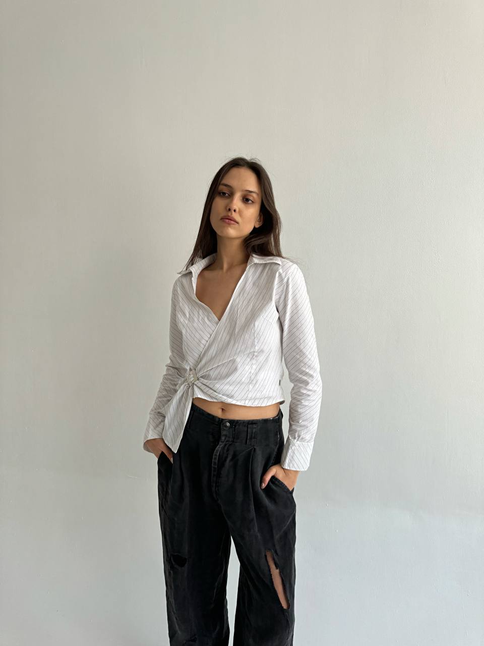 Vintage cotton asymmetrical buckle blouse