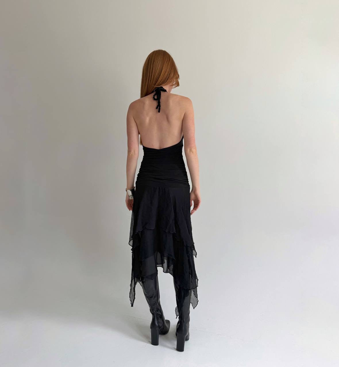 Y2K pure silk bottom black asymmetrical dress