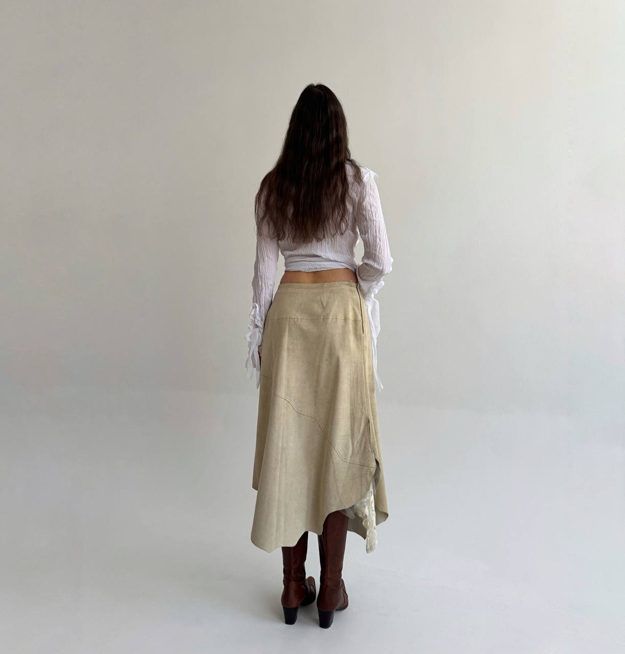 Vintage genuine leather asymmetrical skirt with lace
