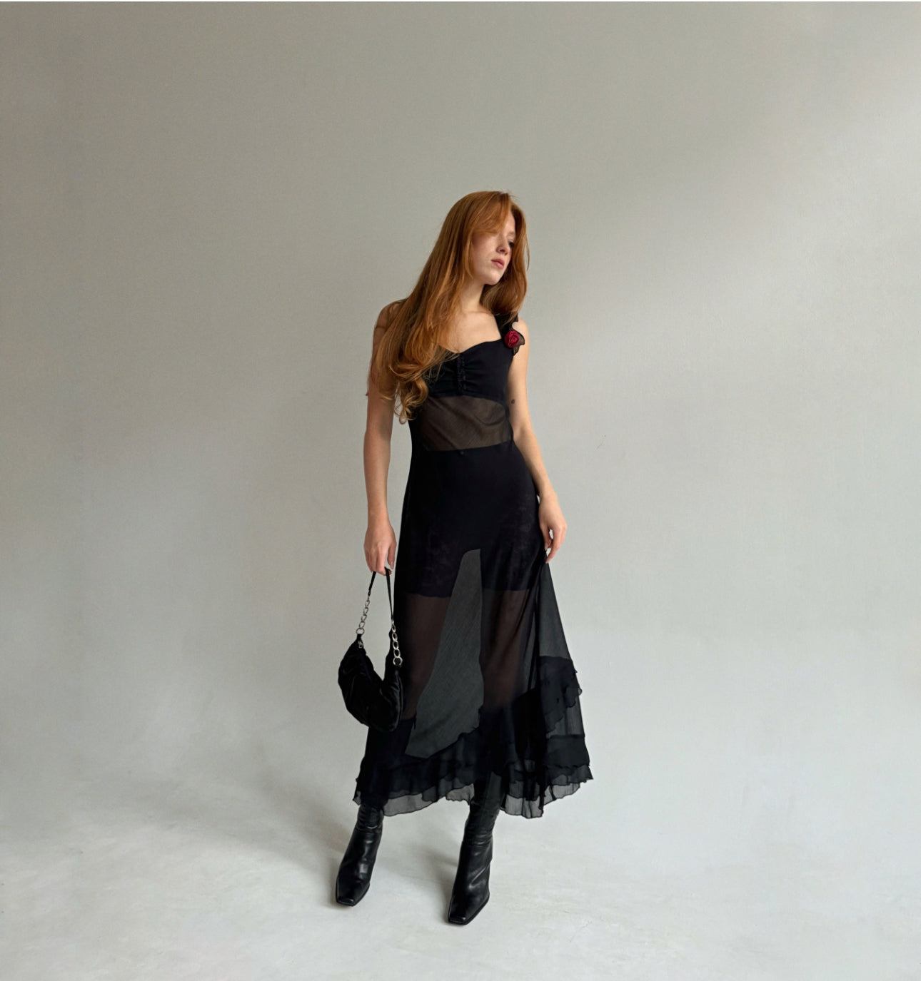 Vintage semi transparent maxi dress with red flower appliqué