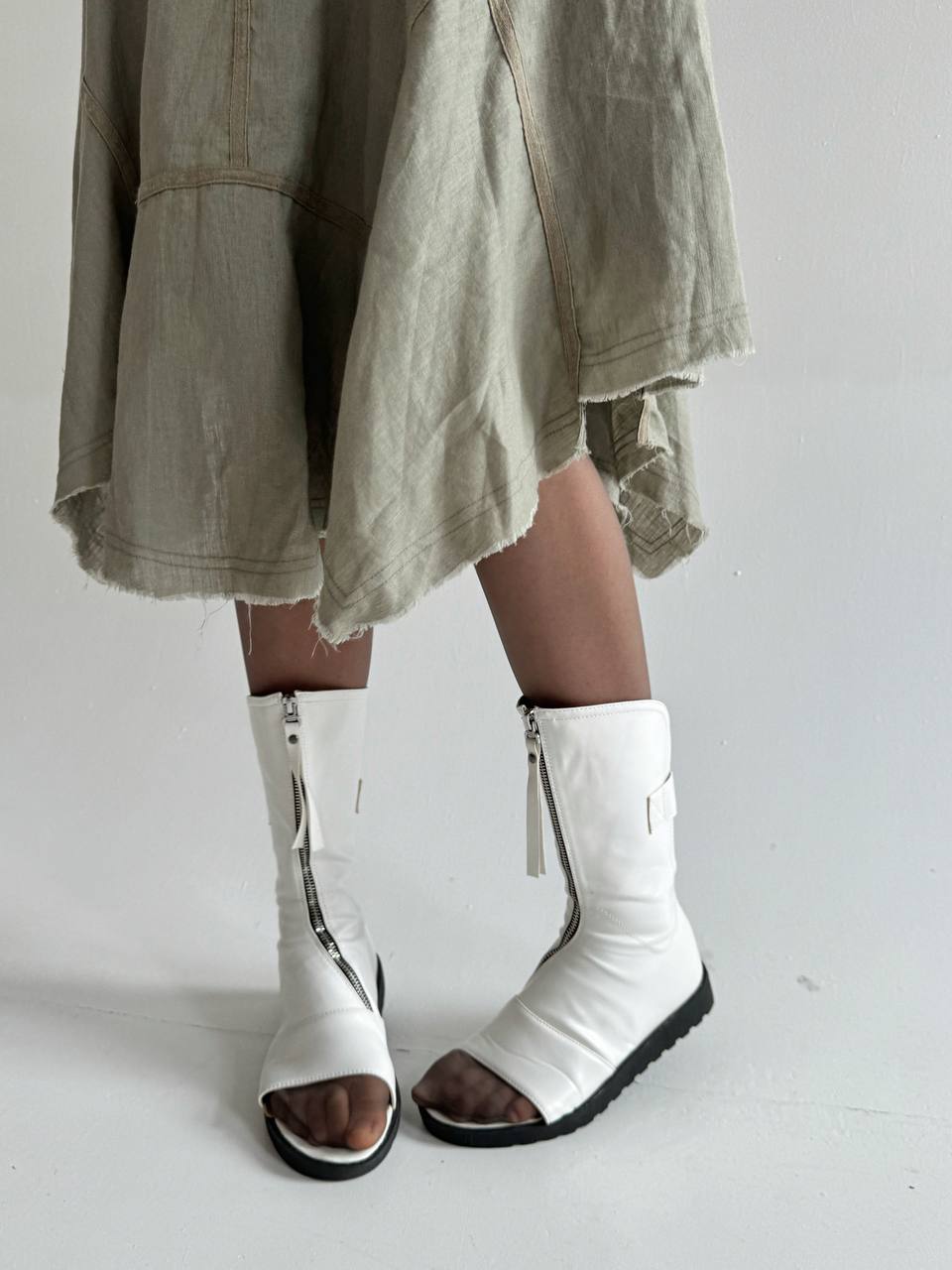 Vintage avant garde asymmetrical zipper open toe boots