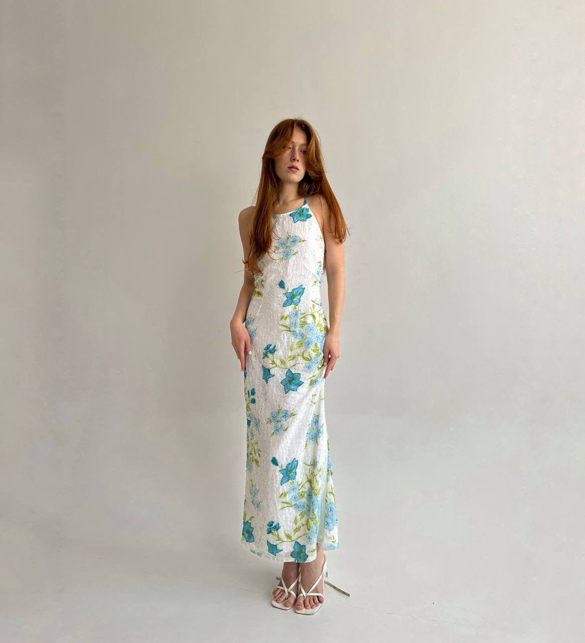 Vintage maxi dress with flowers pattern and beaded swirl