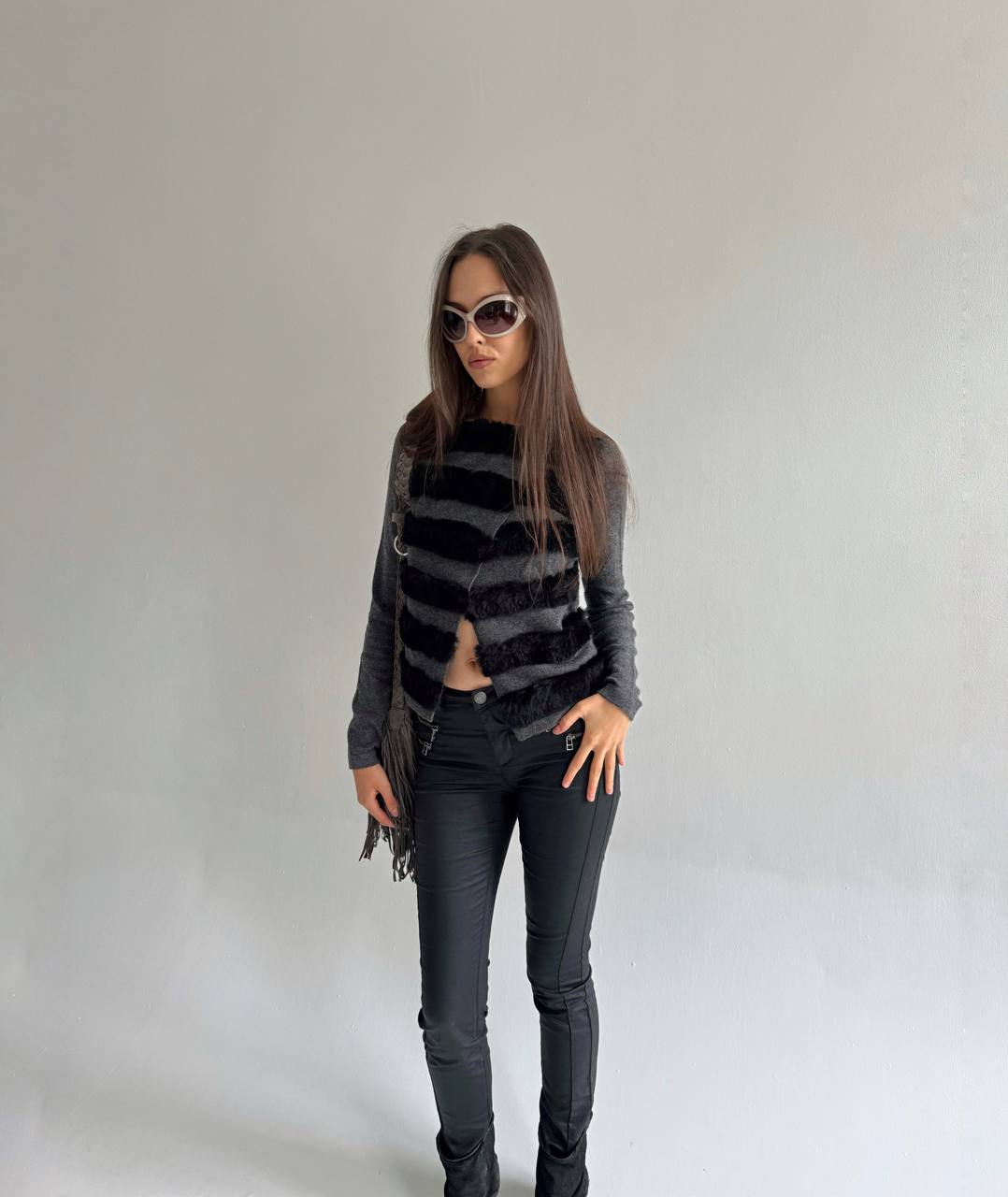 Y2K 100% cashmere grey cardigan with real fur