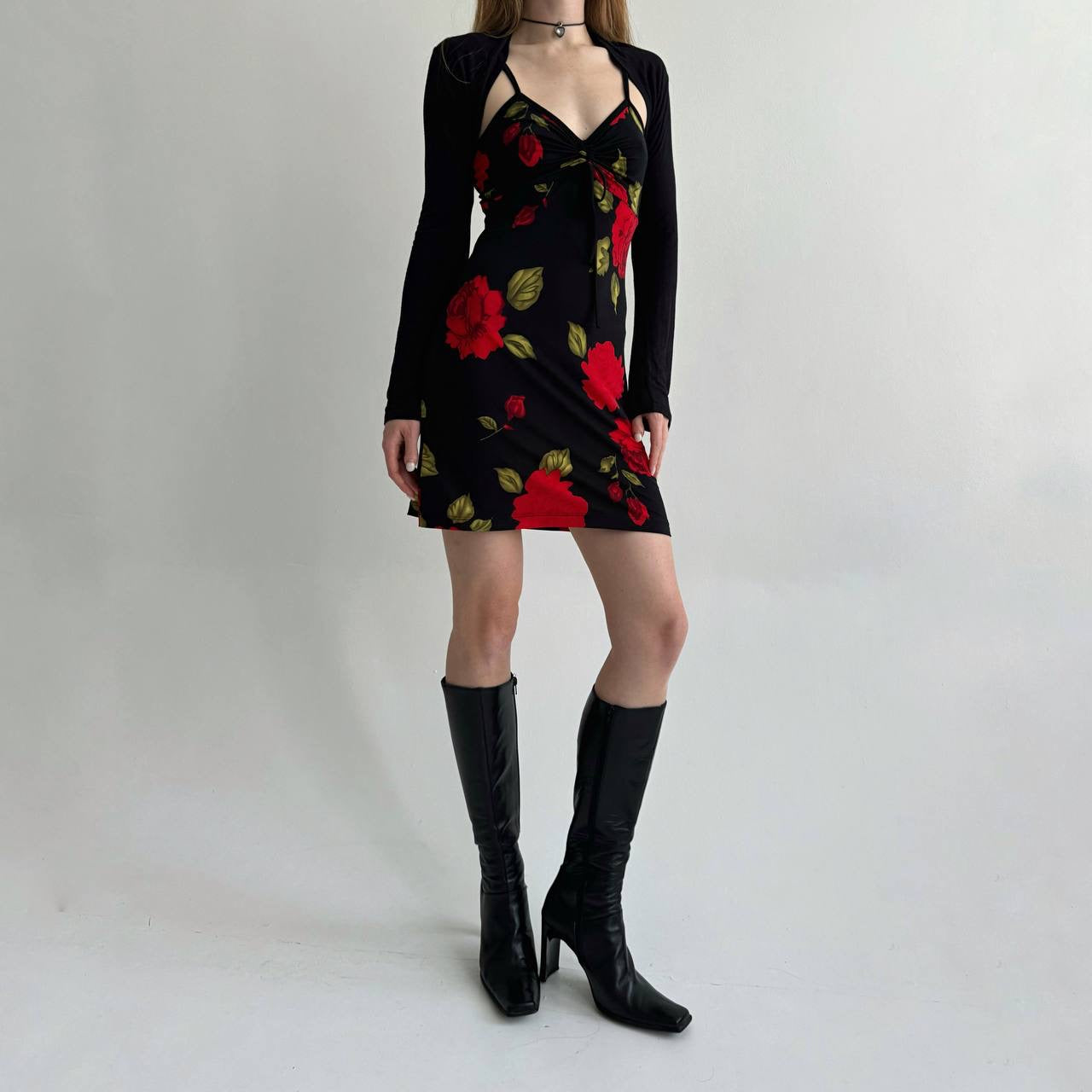Vintage mini dress with red flowers pattern
