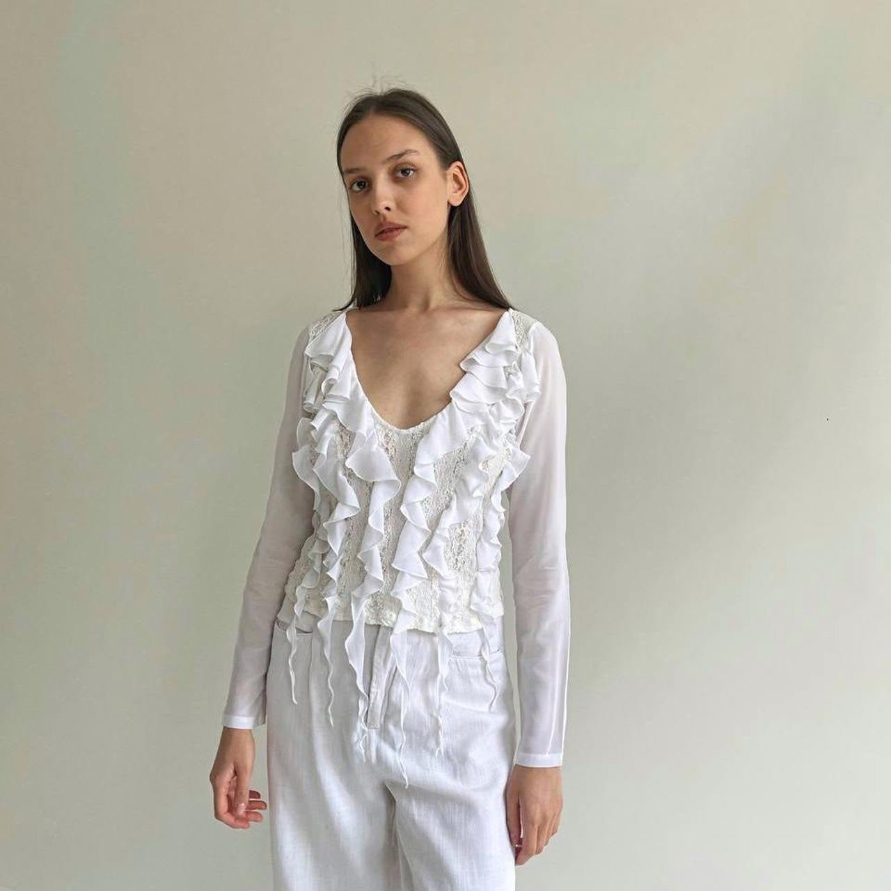 Versace sheer white blouse with ruffles and lace