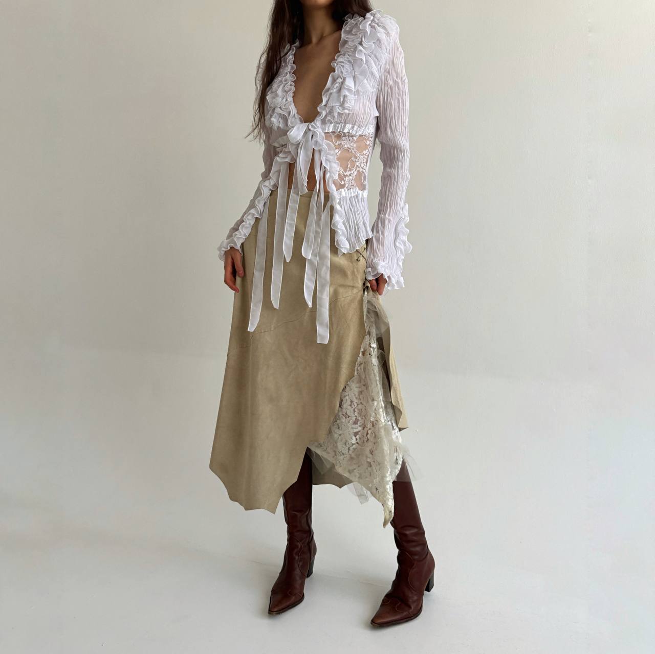 Vintage genuine leather asymmetrical skirt with lace