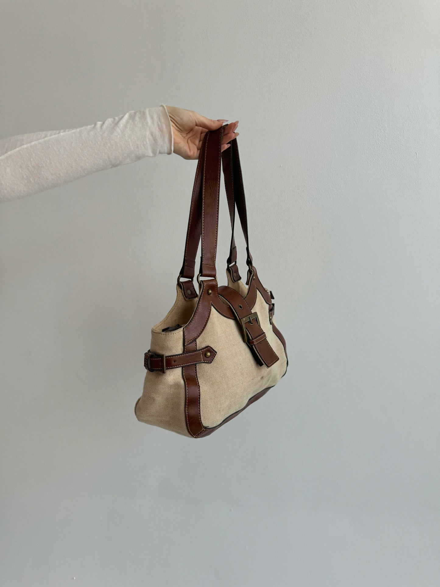 Vintage beige canvas bag with genuine leather brown handles