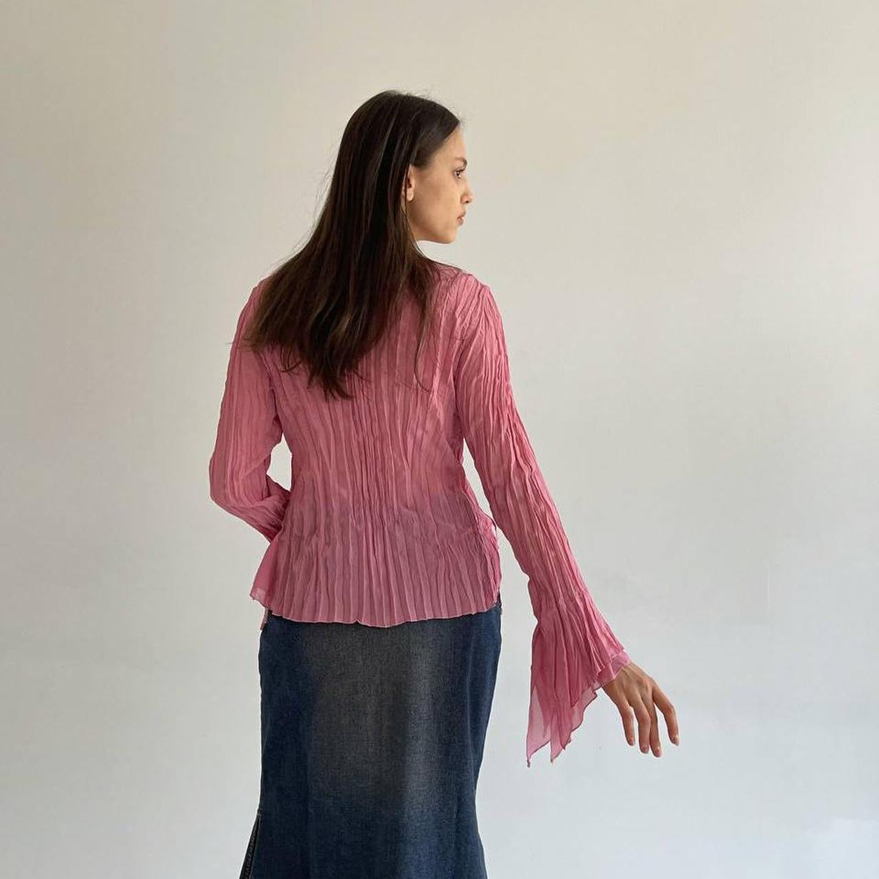 Vintage pink pleated blouse with ruffles and flower appliqué