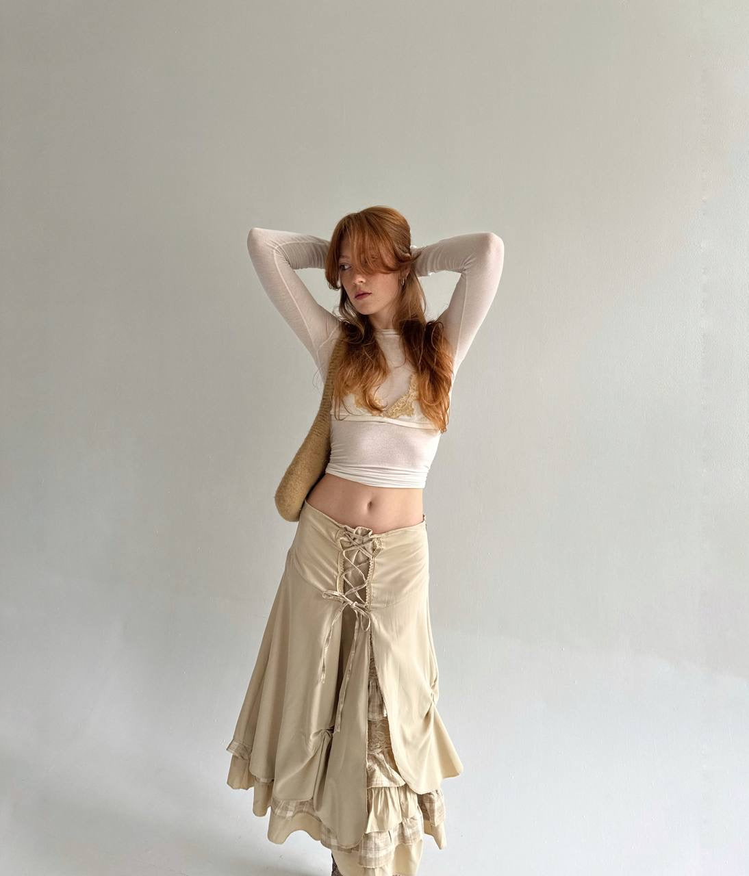 Vintage beige draped skirt with lace and checker pattern details